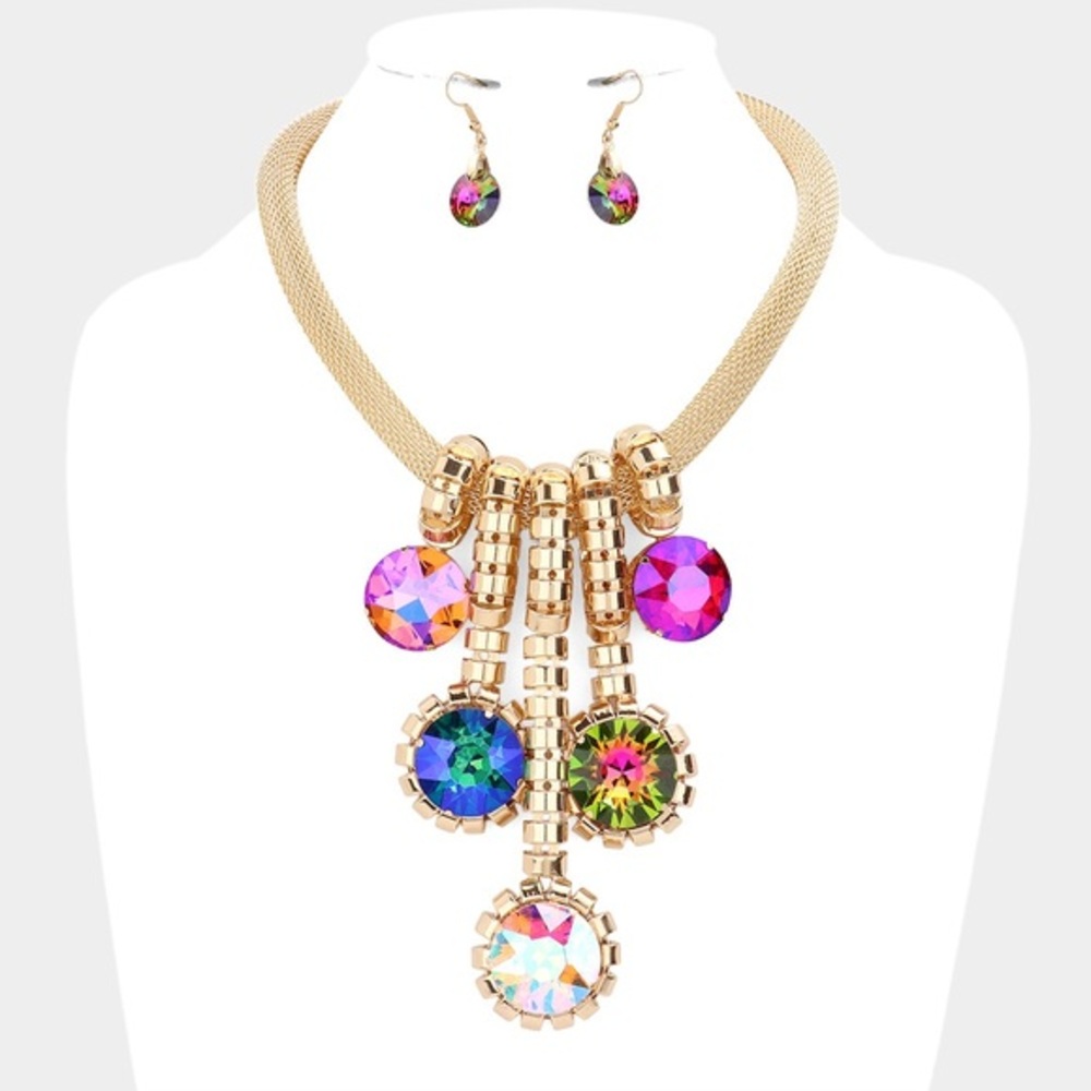 Gold rope multi color Round stone drop necklace pink blue purple